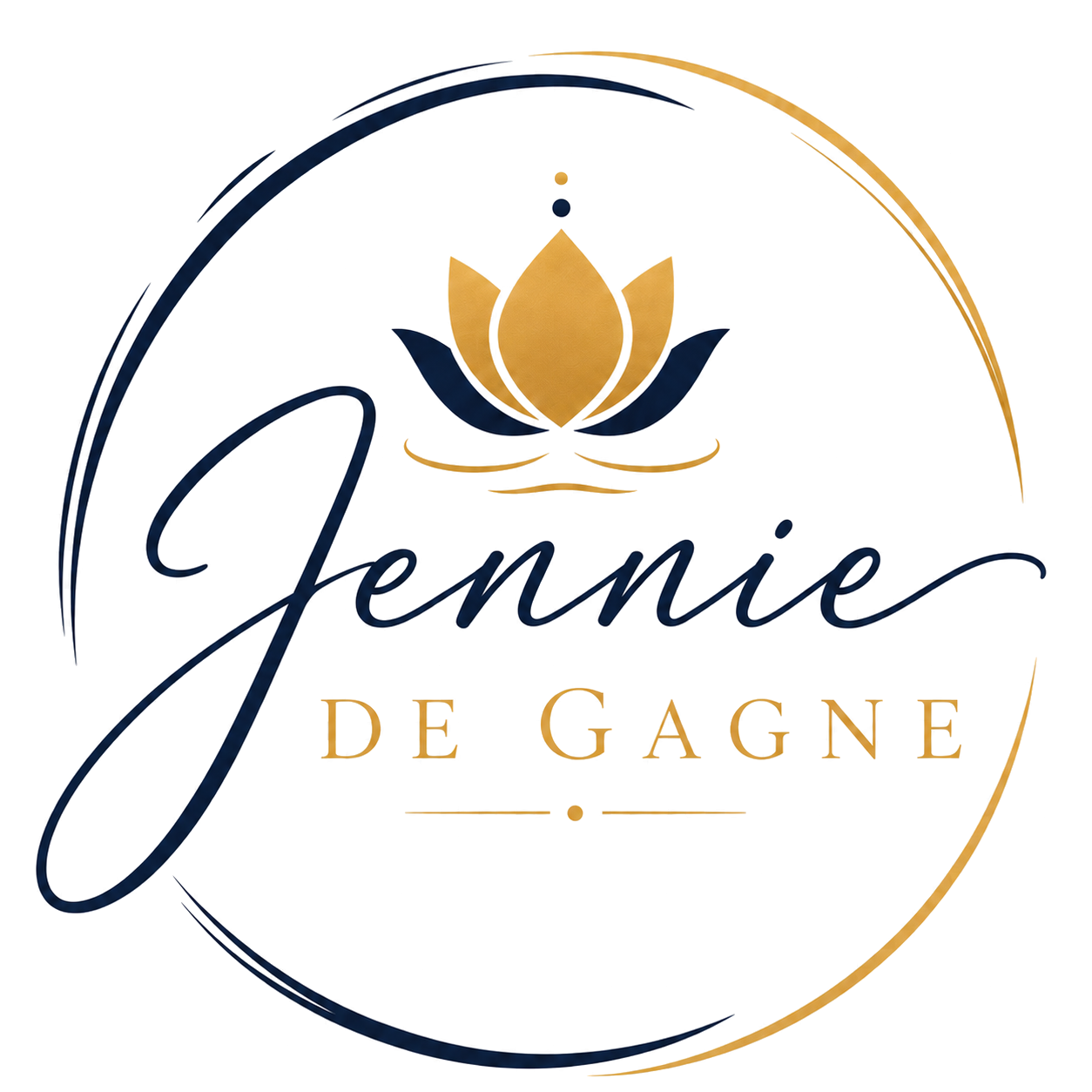Jennie De Gagne logo, a gold and navy lotus